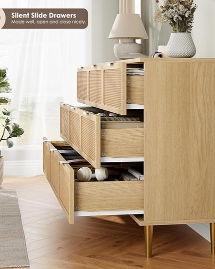 Garvee Rattan Dresser with 9 Drawers, Tall Modern Closet with Deep Storage, Large Chest of Drawers with Wide Top, Long Wooden Dresser for Bedroom, Living Room, Hallway, Kids Room, Natural