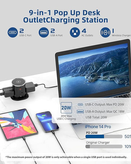 Jgstkcity Pop Up Outlet for Countertop 3.15-inch Desk Wire Hole Insert,9-in-1 Power Strip with 15W Wireless Charger,4 Outlets 4 USB Ports,15Amp Tamper Resistant Receptacle, ETL Listed (Black)