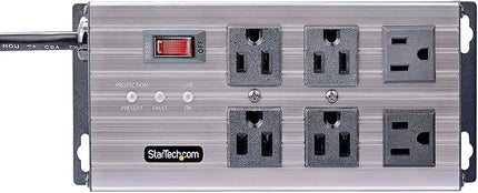 StarTech.com Flat Plug 6-Outlet Heavy Duty Industrial Power Strip 125V/15A with Surge Protector, EMI/RFI Isolation, Mountable PDU, 8ft/2.4m Extension Power Cord, NEMA 5-15P/R, TAA