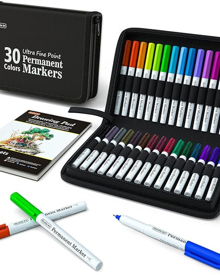 Shuttle Art Permanent Markers, 30 Assorted Colors Ultra Fine Point Permanent Marker Packed in Travel Case, Ideal Colored Markers Set for Adults Coloring Doodling on Plastic, Glass, Gift for Teens
