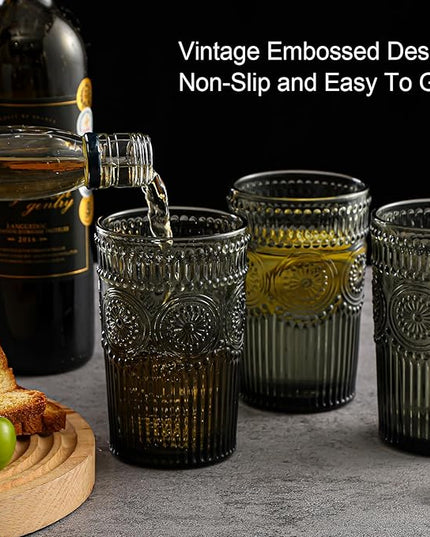 Vintage Glassware Drinking Glasses Set of 6,13 oz Grey Textured Flower Design Glass Water Tumblers，Embossed Striped Drinkware for Water,Cocktails,Juice,Iced Coffee