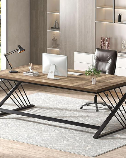 FOLUBAN 70.9" Computer Desk with Z-Shaped Legs, Industrial Work Executive Home Office Desk, Large 2 Person Gaming Study Desk Writing Table, Oak