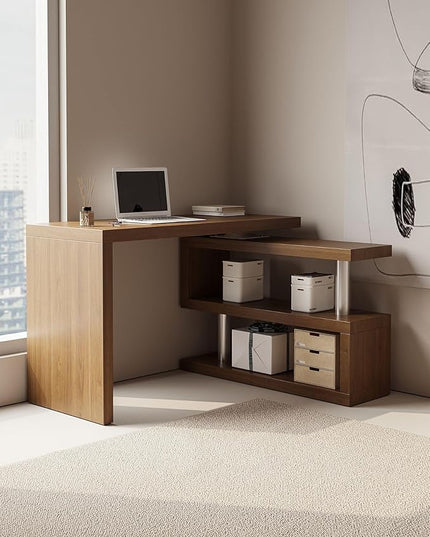 47" Swivel Top Desk with Storage Shelves - 360° Rotating Tabletop Computer Workstation for Home Office - Full Glossy Mirror Finish Space-Saving Corner Writing Table (Brown)