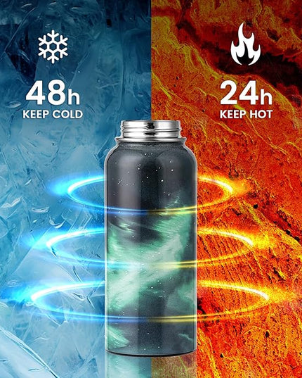 32oz Insulated Water Bottle, Triple Wall Vacuum Stainless Steel Water Bottles - Keeps Cold 48H, Reusable Metal water flask Jug for Gym, Sports, Camping, Hiking,Travel, Aurora-Green