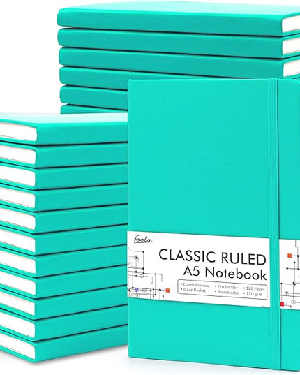 feela 24 Pack Journal Notebook Bulk for Work, Business Notebook Hardcover Lined Writing Journal with Pen Holder for Men Women Note Taking, with 24 Black Pens, 120 GSM, 5.1”x8.3”, A5, Aqua