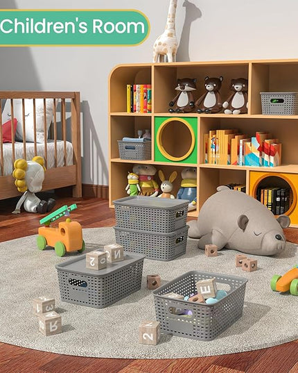 Plastic Storage Baskets with Lid-Plastic Storage Containers Stackable Storage bins: Storage Baskets for Organizing Shelves Drawers Desktop Closet Playroom Classroom Office, 8Pack-Gray,10.2x7.2x4.1Inch