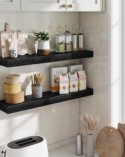 Fun Memories Floating Shelves 30 Inch, Wall Mounted Wood Shelf Set of 2, Farmhouse Decor for Bathroom, Bedroom, Kitchen, Living Room, Black