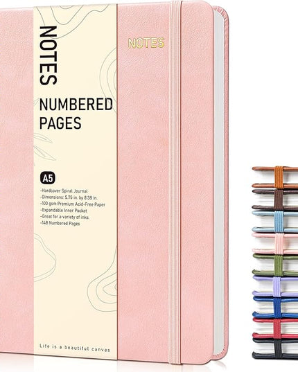 Lined Spiral Journal Notebook for Women, A5 Hardcover Notebooks for Work, 150 Numbered Pages Pink Notebook, 100GSM College Ruled Journals for Writing, Note Taking, 5.75" x 8.38"