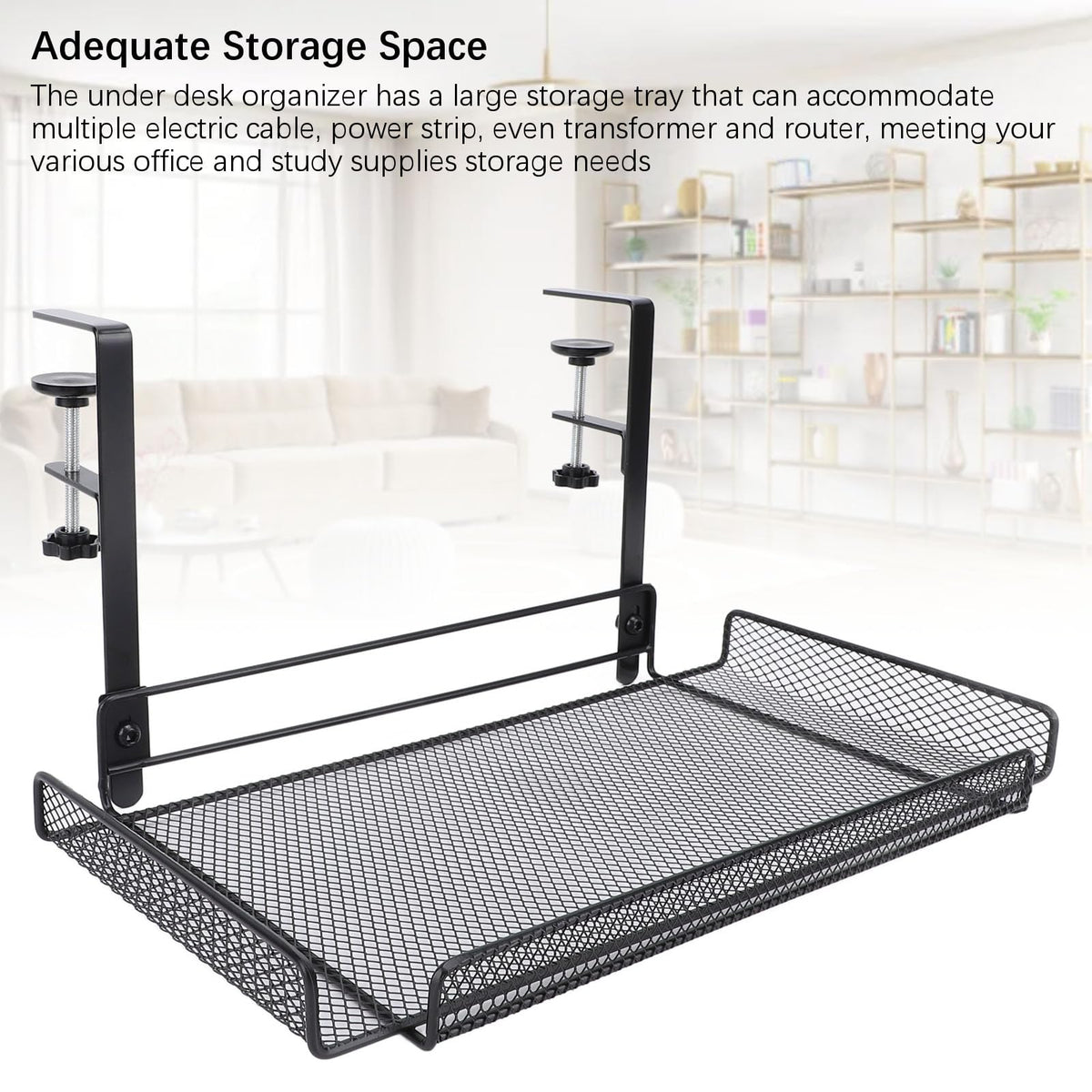 Under Desk Wire Organizer, Cable Management Tray Metal, Large Storage Tray Clamp Mount for Office Home, No Drill Cable Raceway (Black)
