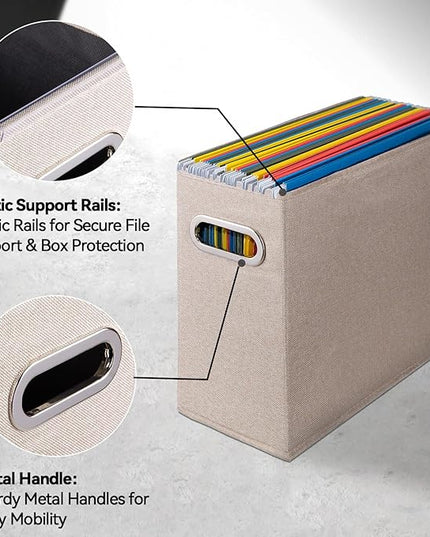 4 Pack Letter Size File Storage Box Collapsible, Fabric Hanging File Folders Organizer, Portable Office Document Holder with Metal Handle, Smooth PVC Rails, Beige