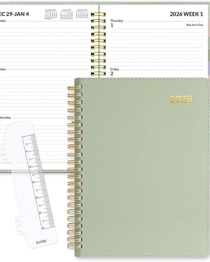 SUNEE 2026 Weekly & Monthly Planner 6.4"x8.5"- 12 Month (January 2026 - December 2026), Vegan Leather Cover, Pocket, Bookmark, Notes, Monthly Tab, Sage Green