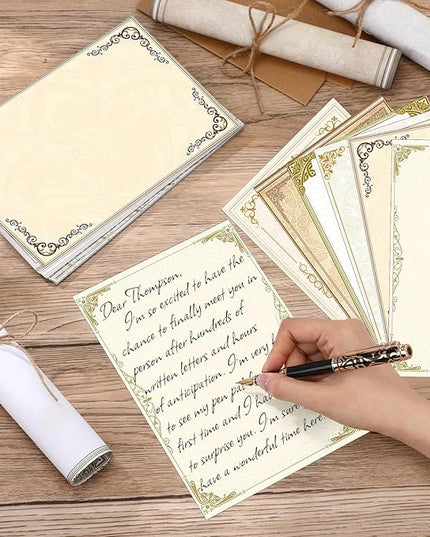 Supervitae 120 Vintage Stationery Paper, 8. 27 x 5. 51 Inch Double Sided Printing Antique Gold Border Elegant Retro Decorative Letter Sheets for Love Letter Party Invitations, 6 Designs