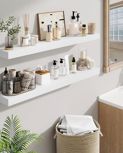 Fun Memories 40 Inch Floating Shelves, Long Wood Wall Shelf Set of 2 with Invisible Brackets, for Bathroom, Living Room, Bedroom, Kitchen, White