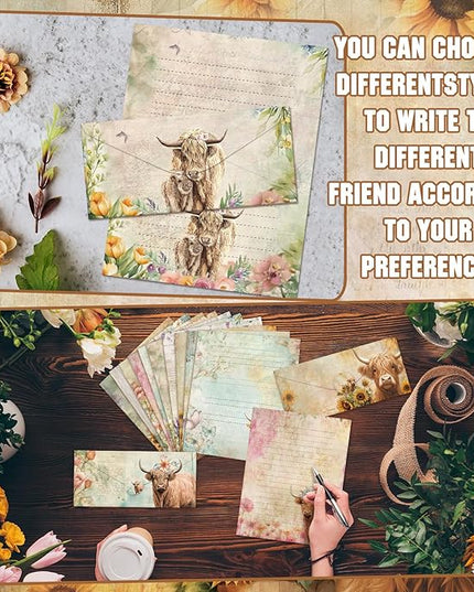 TaoBary 160 Pcs Stationery Paper Set 50 Double Sided Stationery Papers with 50 Matching Envelopes and 60 Round Dot Sticker, 10 Design(Floral Highland Cow,8.5 x 11 Inch)