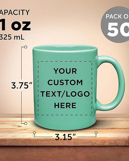 Custom Ceramic Coffee Mugs 11 oz. Set of 50, Personalized Bulk Pack - Coffee cup set, Iced coffee cup, Gaming mug - Teal