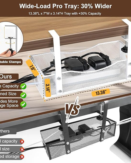Extra Wide Under Desk Cable Management - No Drill Installation Cable Management Tray, Modern Cord Organizer for Office/Home Desk, Fits Power Strips & Wires((White, XL)