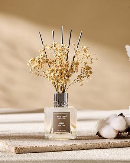 Airkeep Reed Diffuser Set,3.38 fl oz (100 ml) - Clean Cotton Oil Diffusers with 8 Reed Sticks, Home Fragrance Reed Diffuser for Bathroom Shelf Decor