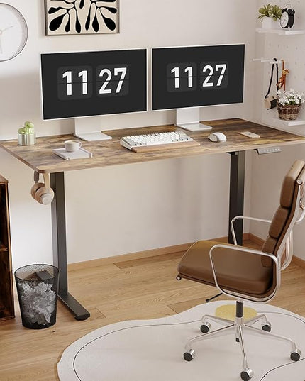 FLEXISPOT One-Piece Electric Standing Desk, 55 x 28 Inches Adjustable Desk with Seamless Desktop, Memory Controller Height Adjustment (Black Frame + Rustic Brown Desktop, 2 Packages)