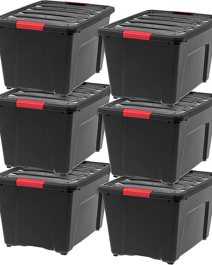 IRIS USA 54 QT Plastic Storage Box with Lid and Latches - 6 Pack - BPA-Free, Garage Organizing Solution, Durable Nestable Stackable Containers, Secure Pull Handle - Black