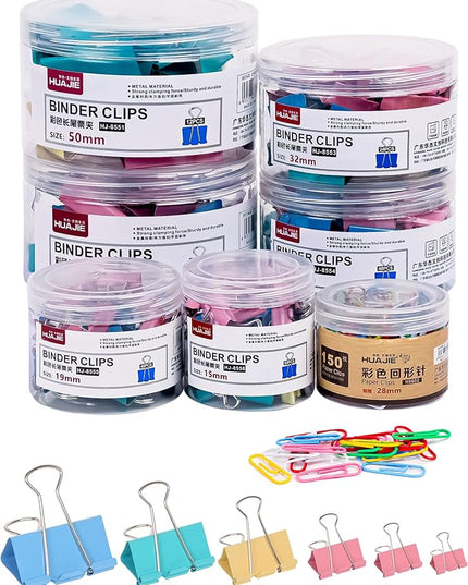 Binder Clips & Paper Clips Combo, 208 PCS Binder Clips (6 Sizes) + 150 PCS Paper Clips – Multicolor for Office, Home & School Supplie (Polychrome)