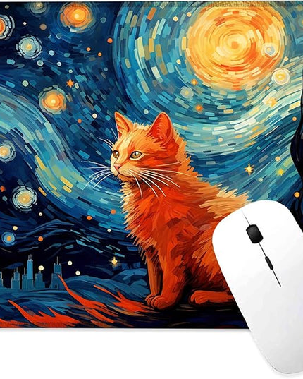 Cat Under The Night Sky Mouse Pad Square Mouse Pads with Stitched Edge, Computer Mousepad with Non-Slip Rubber Base for Computer Laptop Office Desk Accessories 9.5x8 Inches