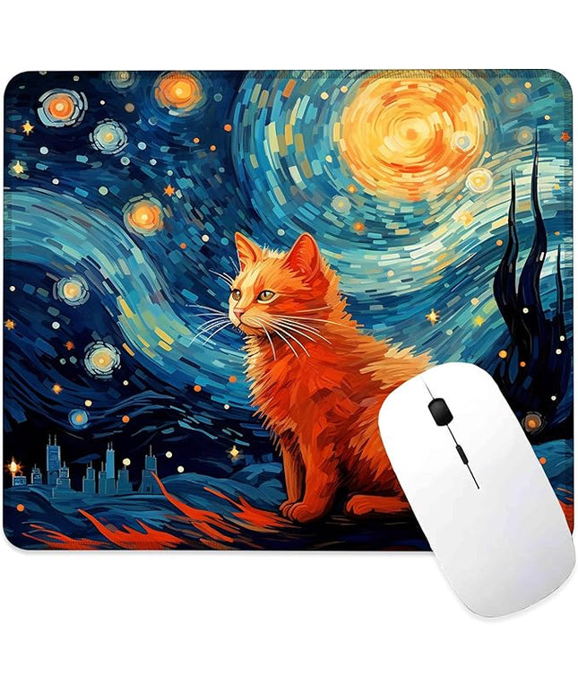 Cat Under The Night Sky Mouse Pad Square Mouse Pads with Stitched Edge, Computer Mousepad with Non-Slip Rubber Base for Computer Laptop Office Desk Accessories 9.5x8 Inches