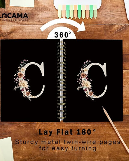 Lacama Campus Initial Letter C Notebook Journal, Cute Wildflower Personalized Black Spiral Notebook, School Supplies, Customized Monogrammed Gifts, Birthday Gifts for Women, Office Supplies