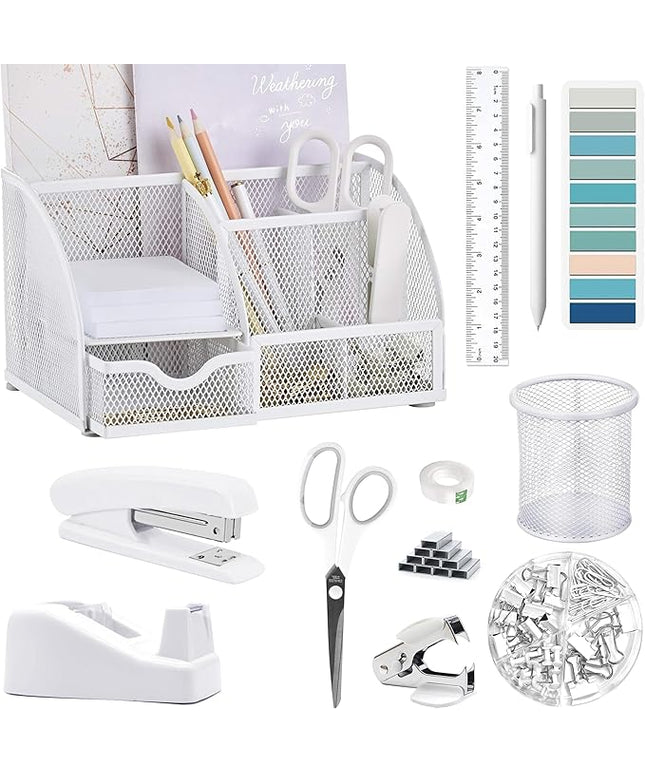 White Office Desk Accessories Supplies, 12pcs Desk Organizers and Accessories with Tape dispenser and Stapler,Staples,Staple Remover,Pen Holder,Scissor,Ruler,Sticky Tabs,Tape,Ballpoint Pen,Clips Set