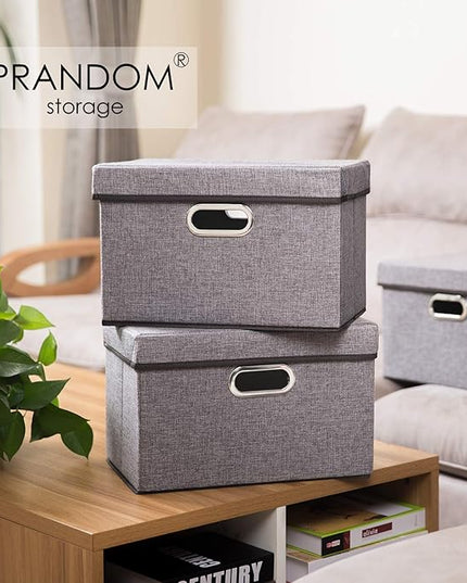 PRANDOM Collapsible Storage Containers with Lids [5-Pack] Linen Fabric Foldable Storage Bins Boxes Organizer Baskets Cube with Cover for Home Bedroom Closet Office Nursery (14.9x9.8x9.8)
