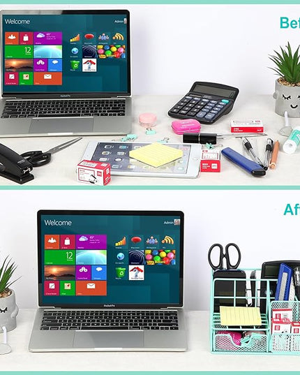 Green Desk Organizers and Accessories Office Supplies Set Stapler, Pen Holder, Phone Holder, Scissors, Pen, Ruler, 30 Paper Clips, 22 Binder Clip, 20 Tacks and 1000pcs Staples
