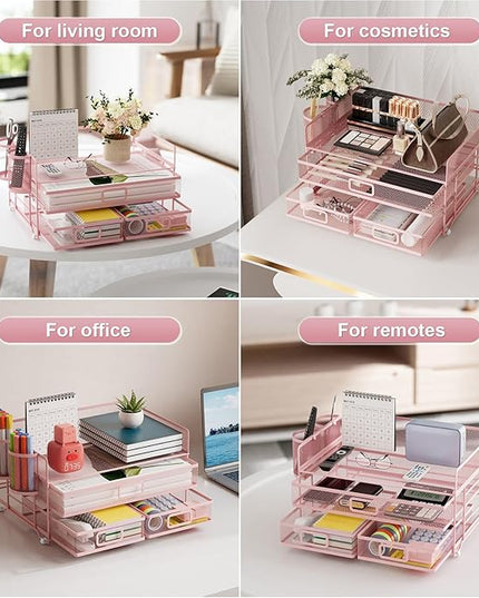 Marbrasse 3 Tier Mesh Desk Organizer with Drawer, Multi-Functional Desk Organizers and Accessories, Paper Letter Organizer with 2 Pen Holder for Home Office Supplies (Pink)