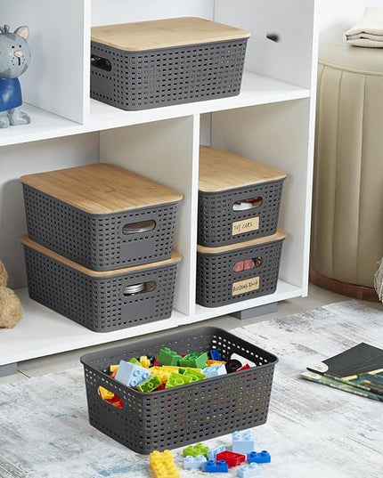 Small Plastic Storage Bins with Bamboo Lids 5.2qt Stackable Box Basket Pantry Decorative Containers Cute with Lable for Organizing Desktop Closet Office Gray of 6 packs 10 * 7.2 * 4.1'’