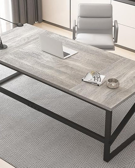 HSH 70 Inch Long Grey Desk, Large Home Office Computer Desk for 2 People, Industrial Wood and Metal Executive Work Writing Study Gaming Desk Table, Modern Bedroom Simple PC Laptop Desk Double Desk