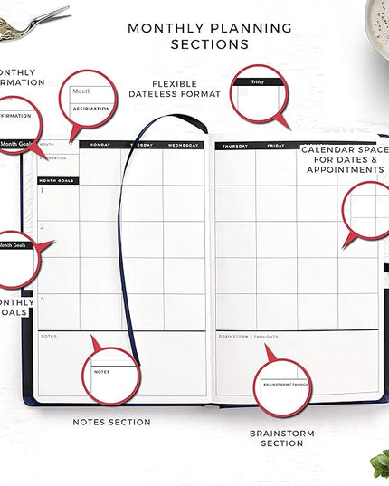 Smart Planner Pro – Undated Daily Planner – Small A5 – Achieve Goals & Increase Productivity – Weekly, Monthly, Work Sections, Organizer Diary with Back Pocket, 3 Satin Bookmarks & Pen Holder