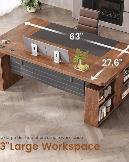 SEDETA 63" Executive Standing Desk with Storage, Executive Height Adjustable Desk with Power Outlets, Large Computer Office Desk with Privacy Panel for Home Office, Warm Golden Brown