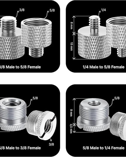 IXTECH Mic Stand Adapter Set - 8 Piece Metal Tripod Adapter Kit - 5/8 Female to 3/8 Male & 1/4 Female to 5/8 Male - ADP02A Silver