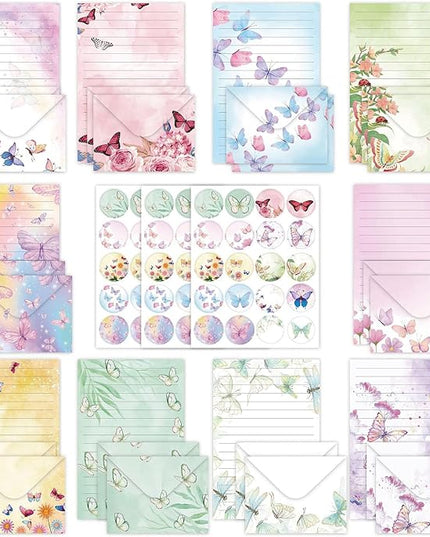 160 Pcs Stationery Paper Envelopes Set Includes 50 Lined Writing Paper & 50 Envelopes with 60 Colorful Round Dot Stickers, Cute Vintage Butterfly Letter Writing and Stationery Paper Envelopes(10Style)