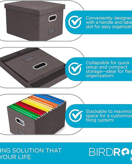 Internet's Best Collapsible File Storage Organizer with Lid - Decorative Linen Filing & Storage Office Box – Hanging Letter/Legal Folder – Home Office Bins Cabinet – Grey Container - 4 Pack
