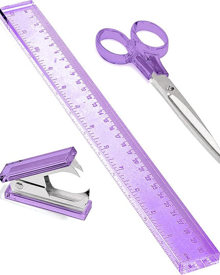 OfficeGoods 3 Piece Acrylic Desk Set - Includes Ruler, Staple Remover, Scissors - Functional & Elegant Desk Accessories - Stationery Tools for Home, Office, and School - Purple with Silver Metal