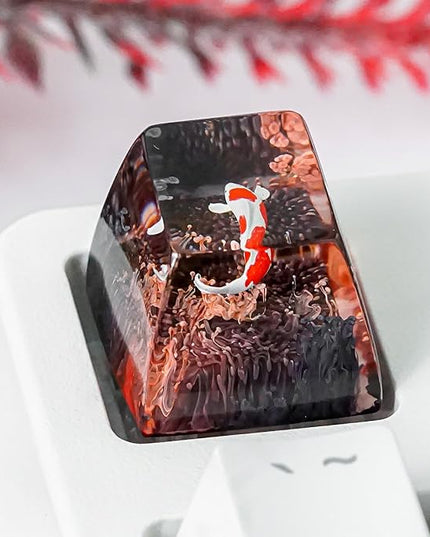 Kohaku Koi Fish Artisan Keycap Dark Red Ocean Coral Reef R1 SA Profile Custom Keycaps 1U ESC Handmade Gaming Resin Key Cap Cherry MX Switch Compatible Mechanical Keyboard Koi Lover Gift