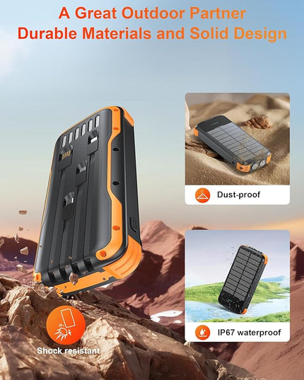 Solar Charger Power Bank, PD 20W Fast Charging External Batter, 40000mAh Portable Phone Charger Built in 4 Cables with Dual Bright Flashlights for Camping, Hiking, and Outdoor Use