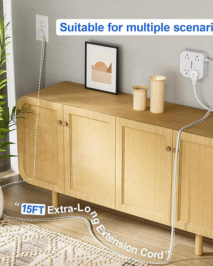 Multiple Outlets Surge Protector Power Strip, 15ft Braided Long Extension Cord with 4 USB Charging Ports(2 USB C) Flat Wall Plug Outlet Heavy Duty Charging Station for Home College Dorm Essentials