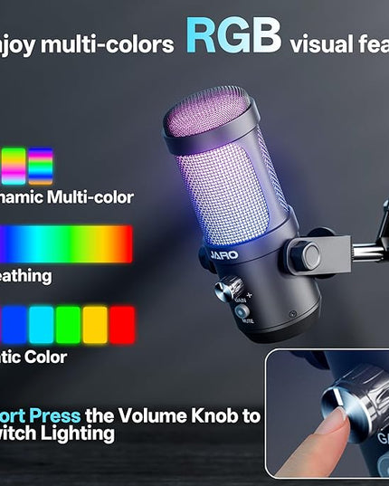 JARO USB Podcast Microphone with Boom Arm, Studio Condenser Mic with Real-Time Monitoring, Mute, Volume Control Ideal for Voice & Singing (Black)