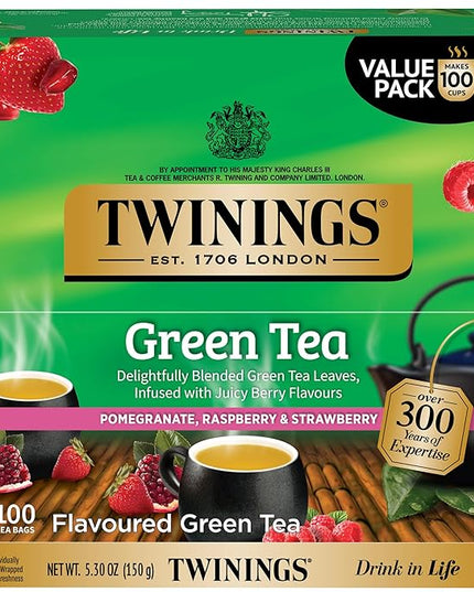 Twinings Green Tea with Pomegranate, Raspberry, & Strawberry Individually Wrapped Bags, 100 Count (Pack of 1), Caffeinated, Enjoy Hot or Iced, 100 Teabags