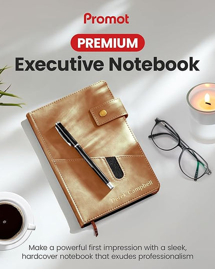 Promot Personalized Notebook - A5 Lined Leather Bound Journal for Writing Women Men - Hardcover Executive Notebook, Daily Journal, Travel Diary, Gift Idea, Custom Embossed Text with Gold Metallic Foil