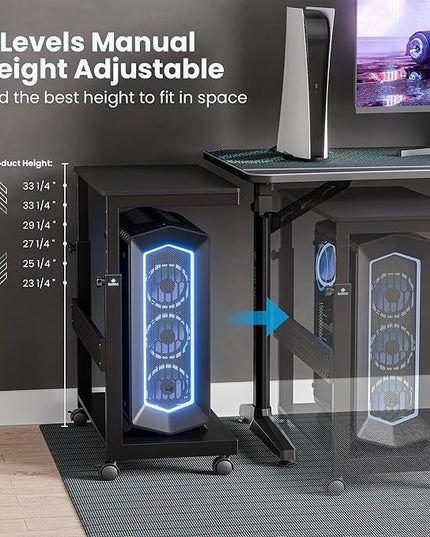 EUREKA ERGONOMIC PC Stand Computer Cart, Height Adjustable Tower Stand 2-Tier Suit for ATX Case Printer, Metal Rolling Cart on Wheels for Gaming Home Office, Carbon Fiber