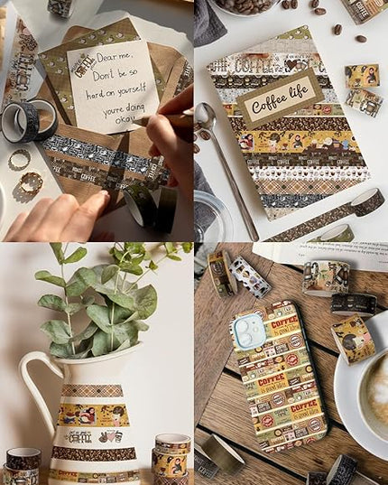 KOVANO Coffee Themed Washi Tape Set, 14 Rolls Vintage Crafts Tape, Art Decorative Tape for Scrapbooking Supplies, Junk Journal, Bullet Journaling, Vision Board Supplies