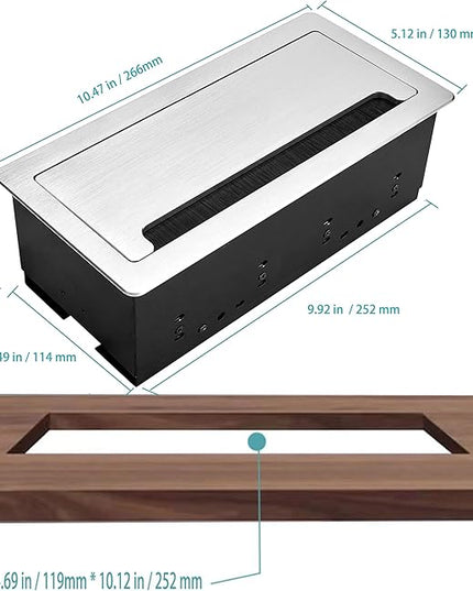Embedded mesa Power Outlet Box, Table Power Multimedia Connectivity Box for Conference Study Room Home with 4 AC Outlet,USB-C Port Fast Charge 18W Length 4.9FT Power Cable (Brushed Silver)