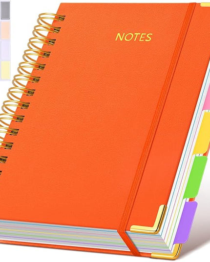 Hardcover Spiral Notebook journal with Removable Dividers Tabs, 300 Pages Leather 5 Subject Notebook College Ruled, 100GMS Notebooks for Work School Note taking,Lined Journal for Women,A5 Orange