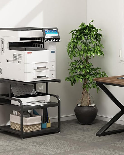 25.6" x 23.6" Extra Large Printer Stand Table with Adjustable Storage Shelf, 3 Tier Rolling Printer Cart with Industrial Wheels for Home Office, Black
